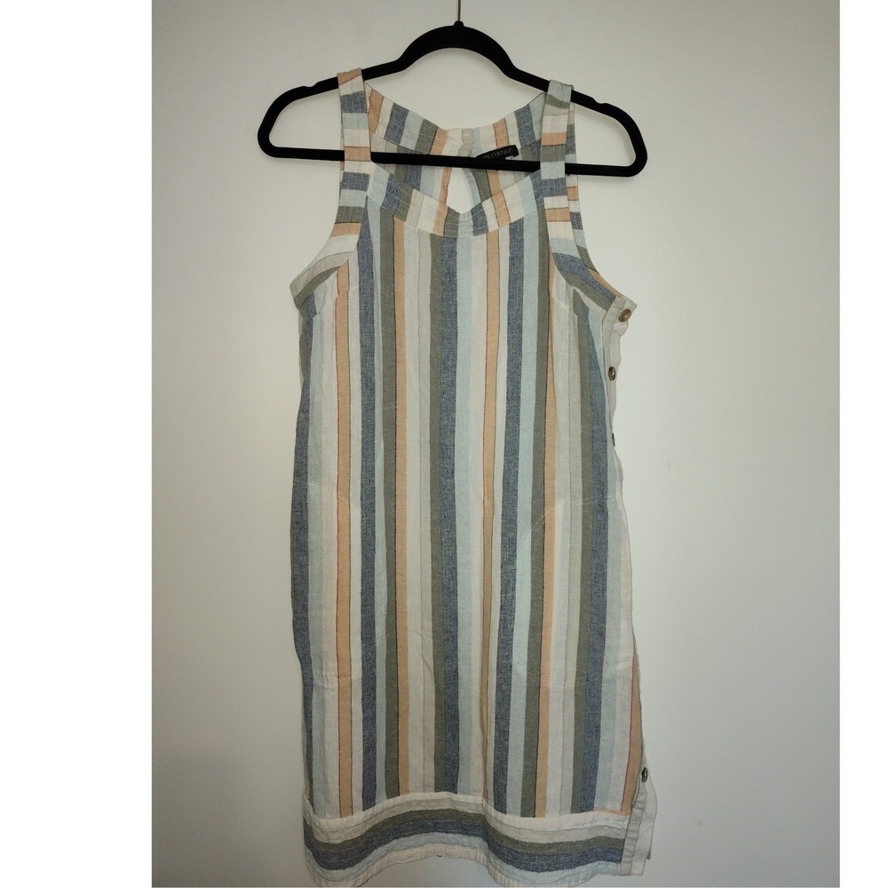 For Cynthia Striped Linen Blend Shift‎ Dress Small Sage Blue Peach Keyhole Back